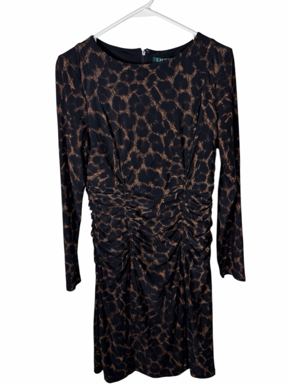 Lauren Ralph Lauren  Midi Dress Women Size 10 Animal Print Ruched Stretch Lined